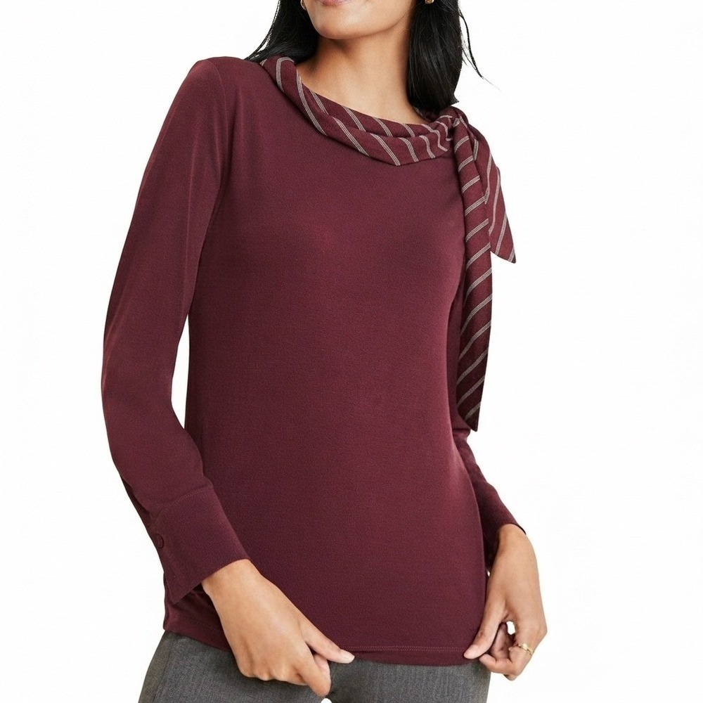 Ann Taylor Cowl Tie Neck Blouse Women Size XL Burgundy Long Sleeve Top 70303 EUC
